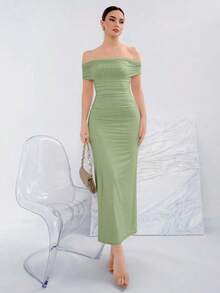 Vestido elegante de punto con hombros descubiertos de unicolor para banquetes - verde menta - Ver 6