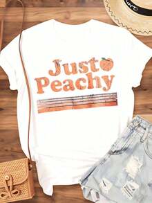Just Peachy Women's Vintage Graphic T-Shirt, Casual Summer Top, Retro Peach Print T-Shirt, Fashionable Garment For Daily Wear And Festival Season, Suitable For Spring, Summer And Autumn. - 白色 - 查看 4