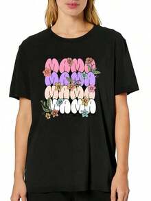 Camiseta de manga corta con cuello redondo y estampado gráfico de "Mama" en colores vibrantes para mujer de talla grande, corte relajado, cómoda para primavera y verano, camiseta de mujer, lavable a máquina, ajuste cómodo. - Negro - Ver 6
