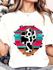 Camiseta de mujer con estampado de cactus y leopardo, cuello redondo, uso diario casual, suave y cómoda, 220g - Blanco - Ver 2