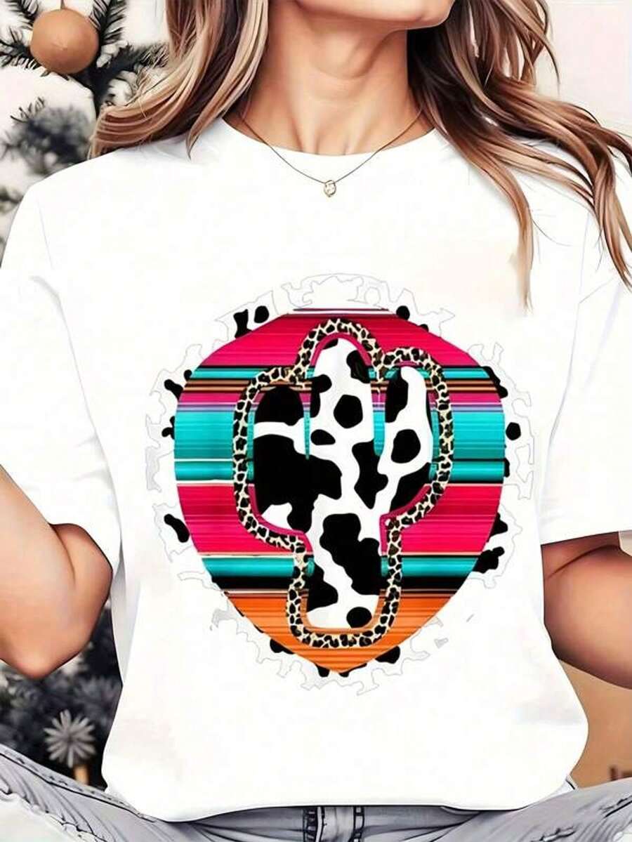 Camiseta de mujer con estampado de cactus y leopardo, cuello redondo, uso diario casual, suave y cómoda, 220g