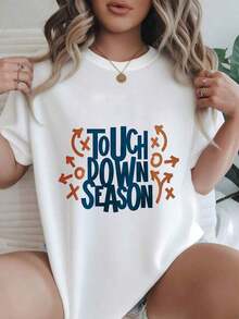 Camiseta Casual con Estampado Moderno para Mujer, Ideal para la Temporada de Fútbol Americano, Apta para Todas las Temporadas  
 Negro - Blanco - Ver 7