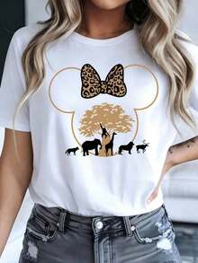 Camiseta de manga corta para mujer , casual, blanca, de manga regular, cuello redondo, de algodón, con lazo con estampado de leopardo y gráfico de animales de safari, corte regular con tela ligeramente elástica, estilo casual. - Blanco - Ver 6