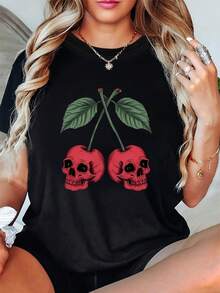 Camiseta de Cuello Redondo para Mujer de Talla Grande con Estampado de Calaveras y Cerezas - Primavera-Verano - Básica y Versátil - Negro - Ver 1