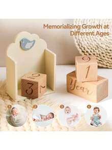 Newborn Growth Milestone Wooden Blocks, Growth Memory Photography Props, Birthday Record Photography, Birth & Growth Commemoration - Beige - View 9