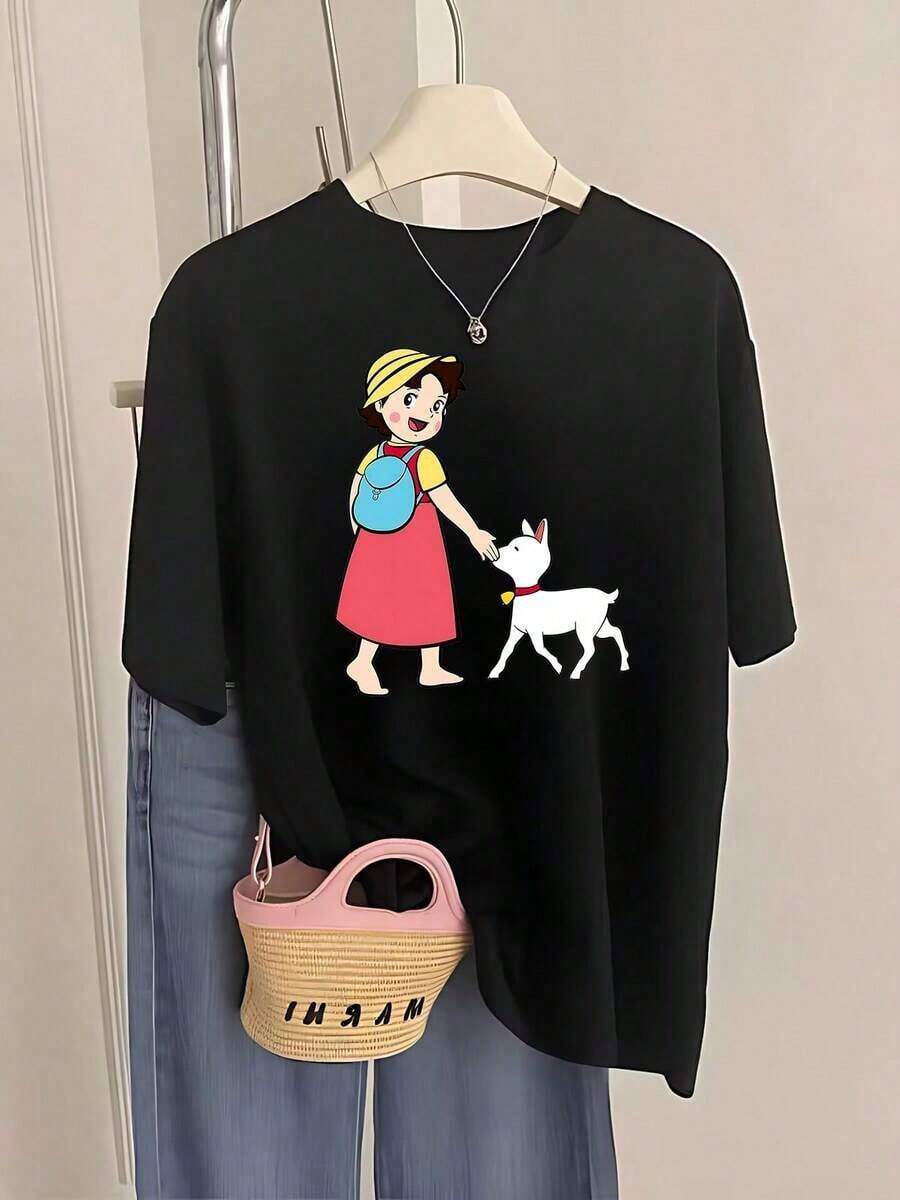 Plus-Size Short-Sleeved T-Shirts For Women, Ideal For Summer And Everyday Wear. New 2026 Women's T-Shirts With Charming Prints Of Childhood, Rural Life, And Harmony Between Humans And Animals. A Fashionable Summer Gift, Suitable For Daily Wear And Parties. Breathable And Comfortable. - 黑色 - 查看 1