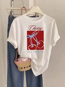 Plus Size Women's Short Sleeve T-Shirts, Ideal For Summer And Everyday Wear, Basic T-Shirts, New 2026 Women's Short Sleeve T-Shirt With Cherry Prints, Ma Chérie, Cherries, Romantic And Sweet, Creative Design, Print, Summer Fashion, Suitable For Parties And Everyday Wear, Breathable And Comfortable. - 白色 - 查看 11