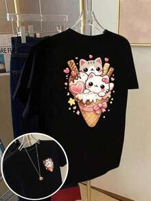 Camisetas de talla grande para mujer - Camiseta holgada de hombros caídos, camisetas casuales de manga corta, camiseta estampada de manga corta con diseños frontales y traseros - Gatos adorables, helado - Camiseta estampada de primavera/verano para mujer, artículo de moda, versátil y casual, transpirable y cómoda. - Negro - Ver 11