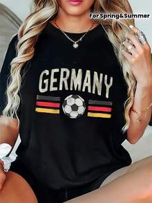 Women's Crew Neck T-Shirt With German Flag And Football Print, Limited Edition - Loose Fit, Short Sleeve, Casual Style, Suitable For Spring, Summer And Autumn, Machine Washable Activewear. | Comfortable And Loose Fit, Lightweight Cotton - 白色 - 查看 7