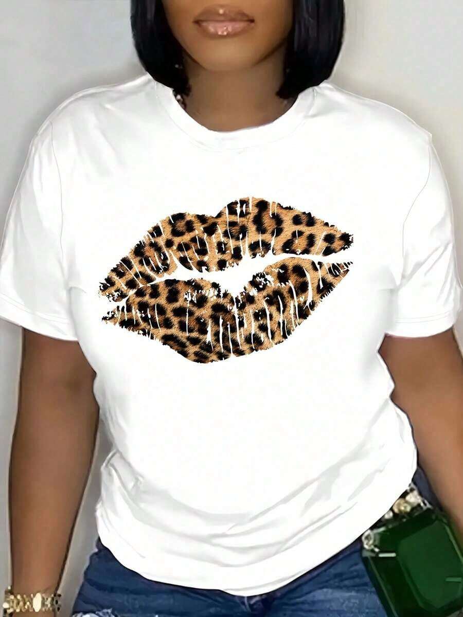 Camiseta Casual con Estampado de Labios de Leopardo, Cuello Redondo, 100% Algodón, Resistente - Blanco - Ver 1