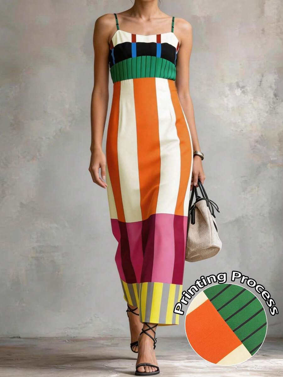 Women's Spring/Summer New Casual Beach Vacation Fashion Spaghetti Strap Striped Zipper Slit Bodycon Dress, Multiple Colors Elegant - Multicolor - View 1