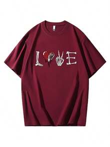 Camiseta de corazón de hueso impresa LDA cuello redondo de manga corta mujer casual aumenta el tamaño - vino tinto - Ver 1