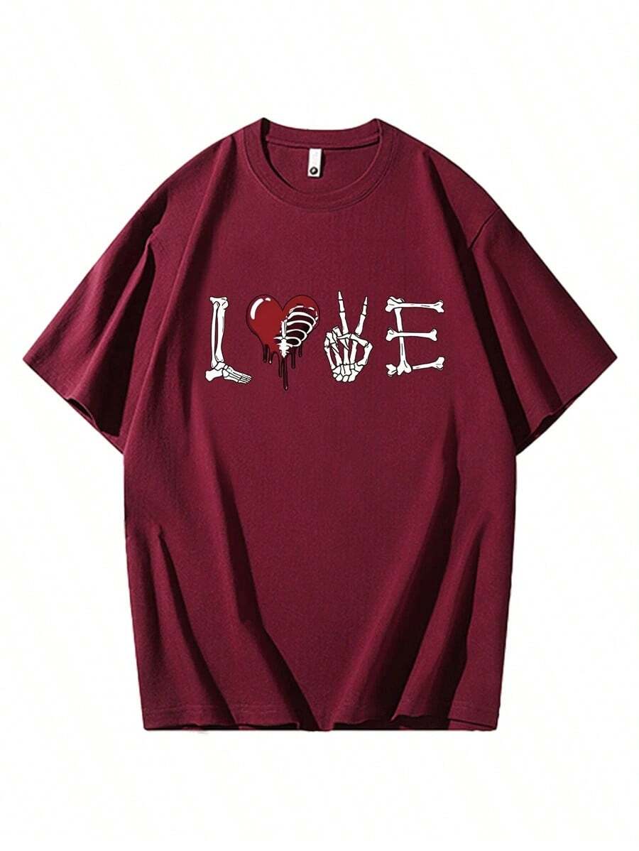 Camiseta de corazón de hueso impresa LDA cuello redondo de manga corta mujer casual aumenta el tamaño - vino tinto - Ver 1