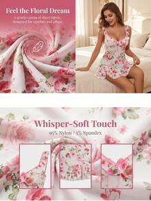 2-Piece Sexy Bow Side Slit Ruffle Mesh Babydoll Lingerie Set, Cute Pajama Set Includes White Floral Sheer Mesh Babydoll Sexy Short Dress And Sexy Thong, Sheer Mesh Babydoll Night Dress Enhances Feminine Charm,Night Dress For Women  Perfect For Wedding&Daily Home Wear, Dates, Romantic Nights - Hoa trắng - Xem 7