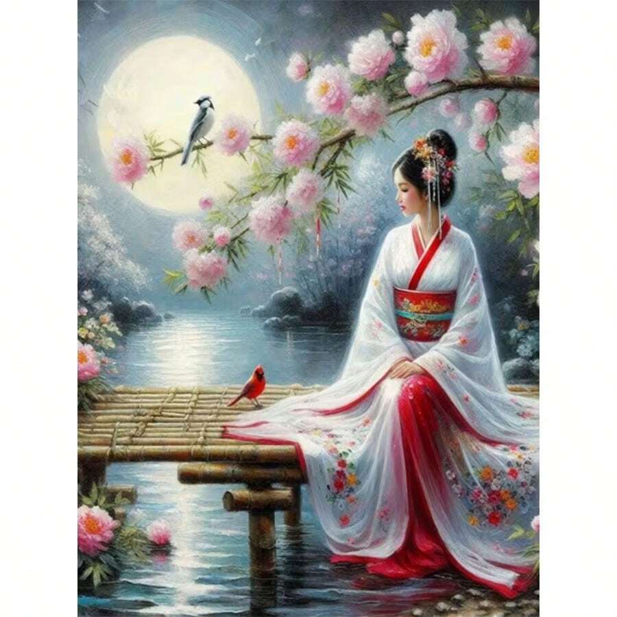5D DIY钻石画套装 - 和服女孩，亚克力钻石艺术马赛克工艺品，客厅、卧室家居装饰，送给妈妈的礼物，无框
