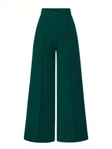 Pantalones anchos de cintura alta de unicolor de uso casual para mujeres - Verde Oscuro - Ver 8