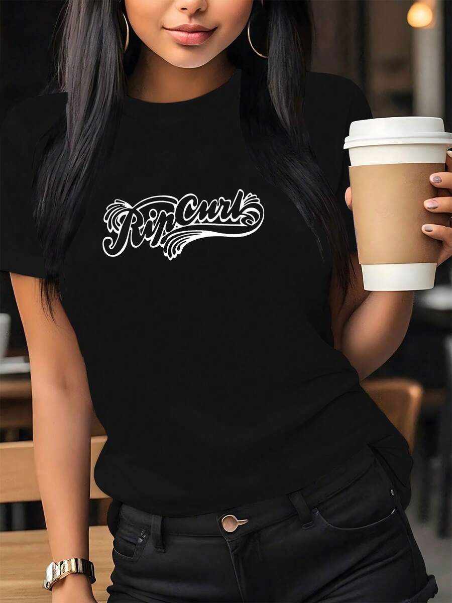 Women's Casual Short Sleeve T-Shirt - Graphic Print "Curls", Black And White Letter Design, Medium Elasticity, Machine Washable, Comfortable For All Seasons, Suitable For Daily Wear, Loose Fit Top, Soft Fabric, Medium Elasticity T-Shirt. - 黑色 - 查看 1