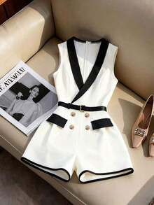 Mono de mujer, mono de mujer sin mangas con pantalón corto, mono de mujer de manga corta con hombros regulares en blanco y negro para el Día de San Valentín, diseño con botones, mono con top de tirantes en V, con cinturón, diseño de bolsillo falso, mono con pantalón corto de pierna ancha, uso versátil para el día a día, elegante para la oficina, uso intelectual de ajuste ceñido. Mono blanco corto para mujer, mono corto de una pieza, mono corto blanco con cinturón, mono de mujer sin mangas - Rosa - Ver 9