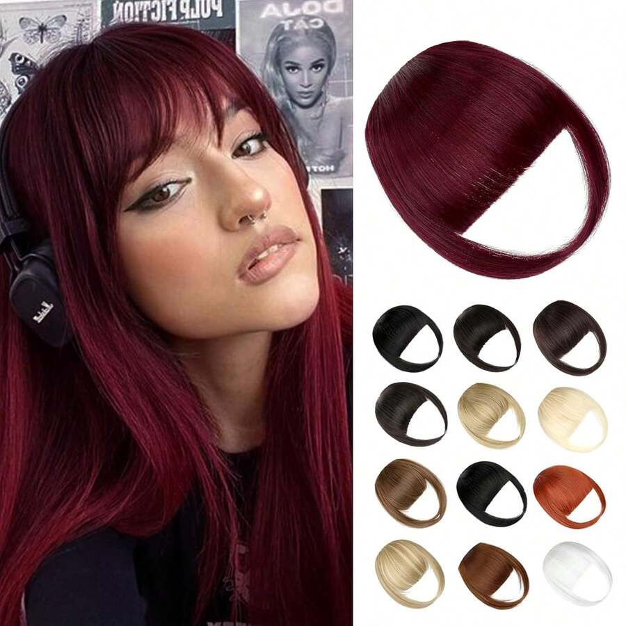 Clip In French Bangs With Temples |   Natural Curved Faux Bangs Hair Extensions For Women Daily Wear - Wine Red - View 1