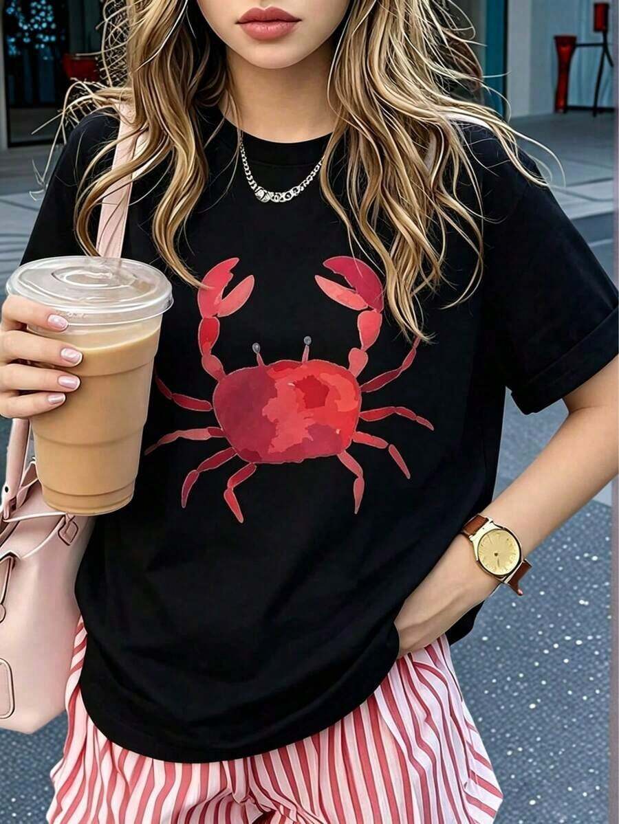 Camiseta de mujer moderna, informal, para fiestas y para estar en casa, 100% algodón, corte holgado.1pscWomen's Casual Black Round Neck Short Sleeve Regular Length Polyester T-Shirt with NYC Graphic Print100%cotton - Negro - Ver 1