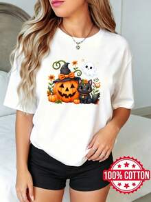 Camiseta de manga corta con cuello redondo y estampado para mujer, verano, casual Calabaza Bruja Gato Fa Flor S-3XL 100% aodón material transpirable - Blanco - Ver 2
