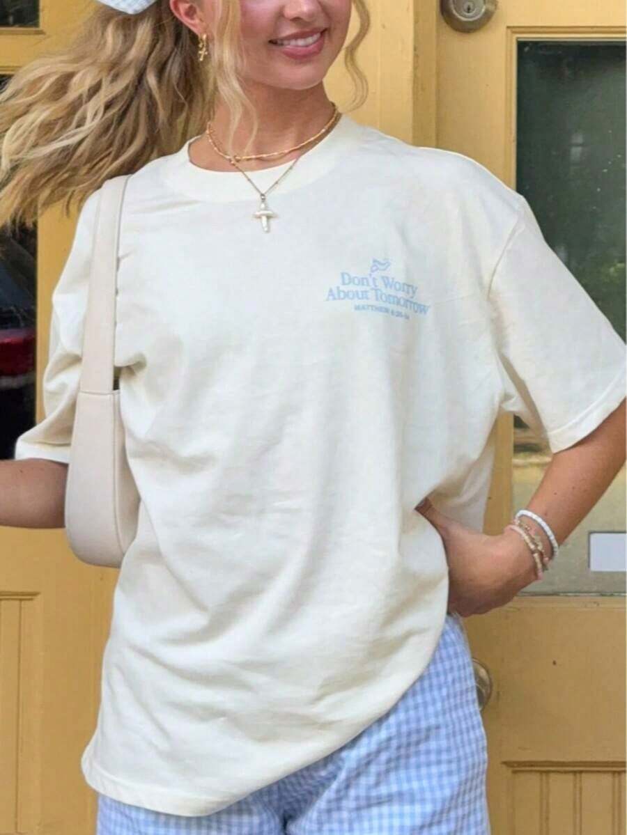 Camiseta de manga corta para mujer con estampado retro de "No te preocupes por el mañana" y diseño de café, camiseta estética con gráfico cristiano de corte holgado, top casual de cuello redondo a la moda para uso diario, estilo urbano, salidas de verano, vacaciones. - Blanco - Ver 1