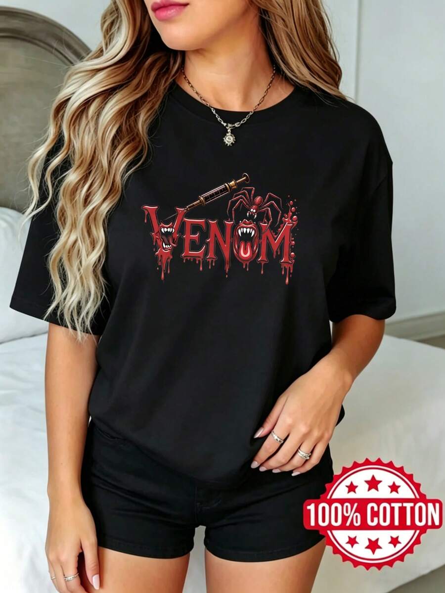 Women's Summer Black Short Sleeve T-Shirt With Round Neck And Print Spider Syringe Poison With Blood Drip, Sizes S-3XL, Fashionable, 100% Cotton Material - 黑色 - 查看 1