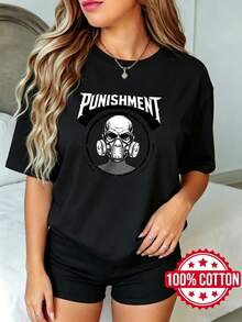Women's Short-Sleeved T-Shirt With Round Neck And Print, Summer Gas Mask Design With Skull Of Punishment S-3XL Fashion 100% Cotton - 黑色 - 查看 1