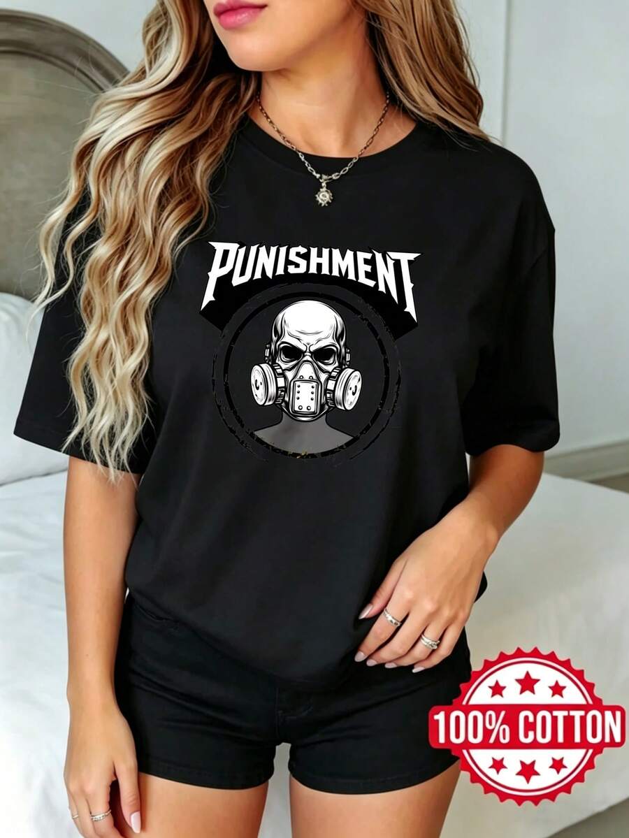 Women's Short-Sleeved T-Shirt With Round Neck And Print, Summer Gas Mask Design With Skull Of Punishment S-3XL Fashion 100% Cotton - 黑色 - 查看 1