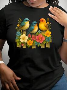 Camisa clásica de manga corta para mujer con estampado de aves y flores, ropa de verano para mujer, camiseta casual de manga corta, camiseta de cuello redondo con estampado. Bestseller. - Negro - Ver 1