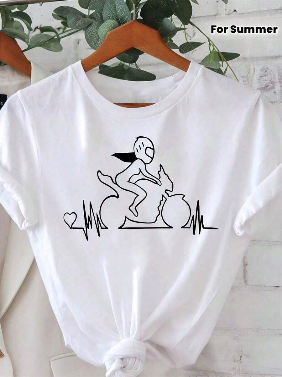 Women's Modern Minimalist Casual T-Shirt With Motorcycle And ECG Print, Short Sleeve, Spring/Summer Top With Heartbeat And Cartoon Design, Fabric, Regular Length, Casual For Everyday Wear - 白色 - 查看 1