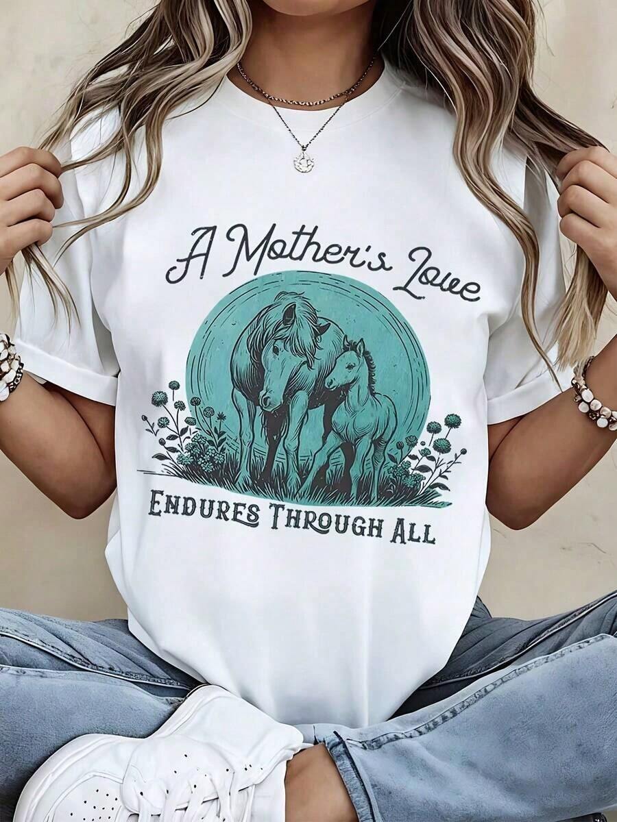 Camiseta Moderna Minimalista de Moda para Mujer, con Estampado Gráfico de Madre Caballo y Cría: El Amor de una Madre Perdura en Todo, Top Casual de Verano para Mujer, para el Día a Día - Blanco - Ver 1
