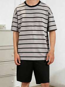 Men's Striped & Solid Color Short Sleeve Shorts 2-Piece Pajama Set, Lightweight, Minimalist, Neutral Style For Summer - Multicolor - View 1