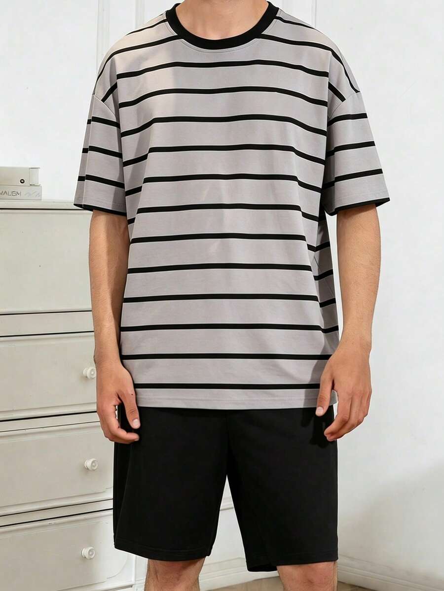 Men's Striped & Solid Color Short Sleeve Shorts 2-Piece Pajama Set, Lightweight, Minimalist, Neutral Style For Summer - Multicolor - View 1