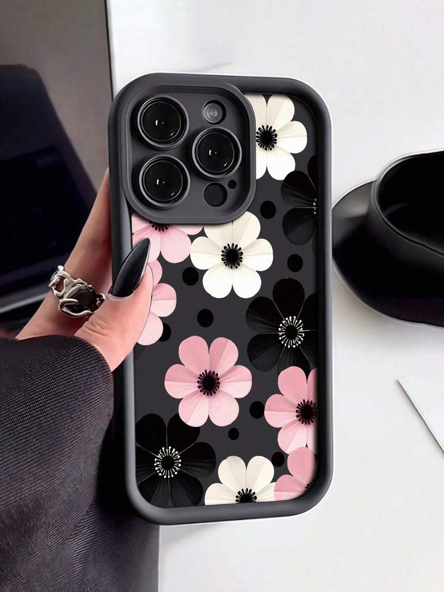 黑色TPU手机壳,摄像头凸起设计,花卉波点印花,防震,适用于 17/17Pro/17ProMax/16/16Pro/16Plus/16ProMax/15/15Pro/15ProMax/14/14Pro/14ProMax/13/13Pro/13ProMax/12/12Pro/12ProMax/11/11Pro/11ProMax/XR/XS/8Plus/7Plus,时尚雅致的深色花卉保护套 - 黑色 - 查看 1