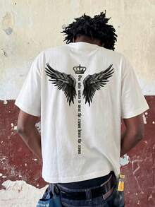 Lässiges Herren-T-Shirt im amerikanischen Stil mit Kronen- und Flügelprint (Sommer 2026), lockere Passform, Rundhalsausschnitt, atmungsaktiv, einfarbig, bequeme Freizeitkleidung - Weiss - Übersicht 5