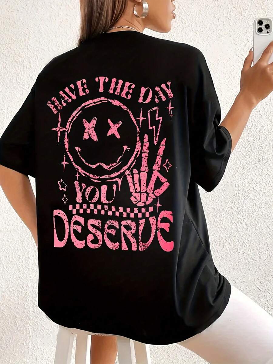 Camiseta oversize moderna sonrisa colorida estilo urbano divertida original casual para verano/chicos y chicas talla única/negra moda juvenil - Negro - Ver 1