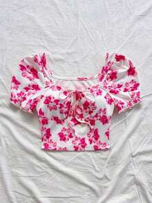 Estilo bohemio, floral romántico, estilo de vacaciones, blusas con estampado floral con temática del 4 de julio, blusas de vacaciones, blusas con cuentas, blusas de fiesta, blusas de tirantes, blusas cortas con temática del 4 de julio para mujeres, - Rosa 2 - Ver 4