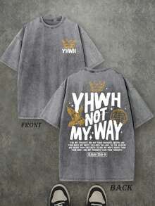 Camiseta Retro Lavada con Estampado a Doble Cara (Camiseta de 230 g de Algodón Puro) con Estampado de Letras 'YHWH NOT MYWAY' y Corona, Camiseta para Hombre, Casual, Cómoda, a la Moda, Estilo Urbano, Algodón - Gris - Ver 1