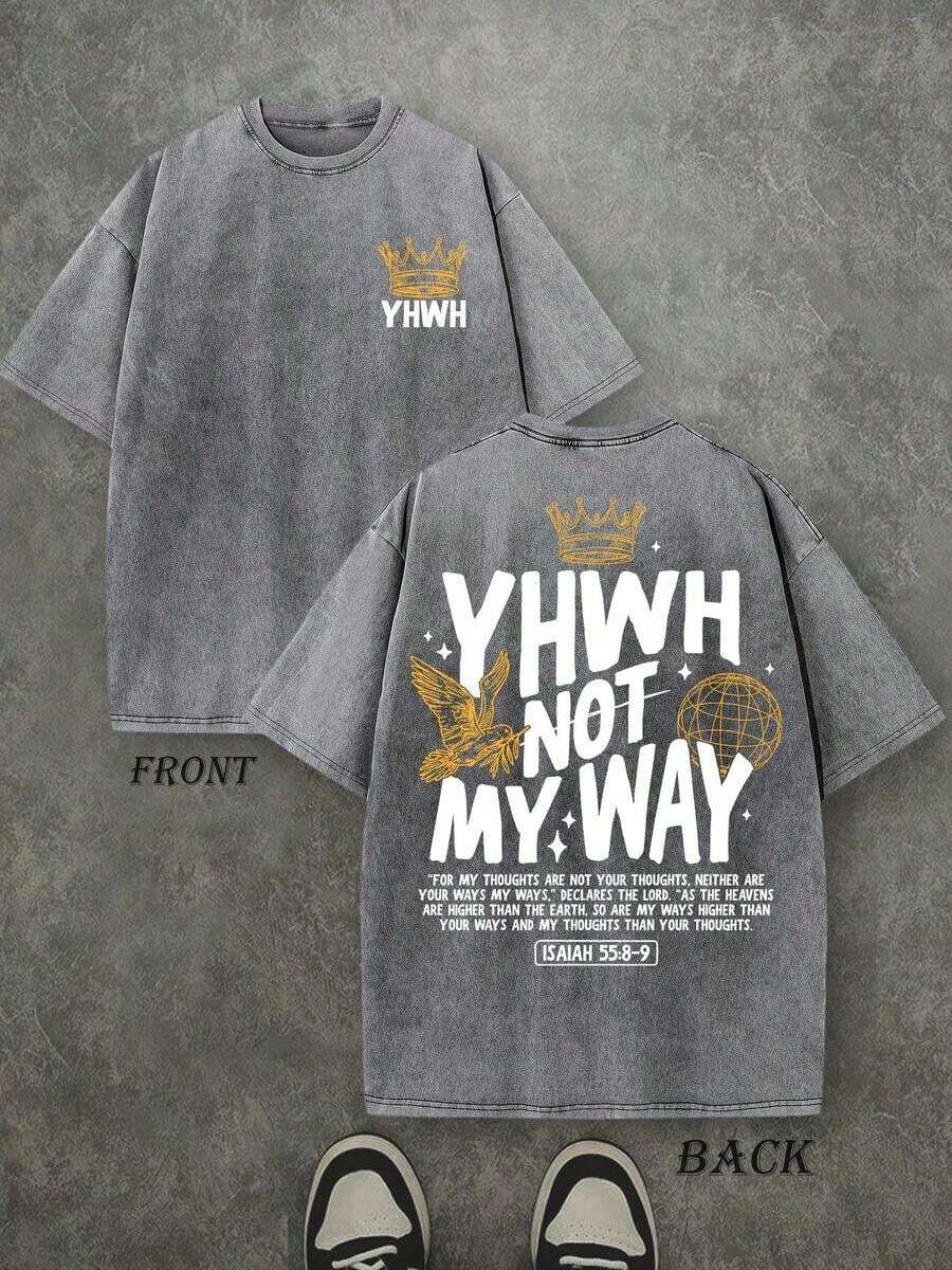 Camiseta Retro Lavada con Estampado a Doble Cara (Camiseta de 230 g de Algodón Puro) con Estampado de Letras 'YHWH NOT MYWAY' y Corona, Camiseta para Hombre, Casual, Cómoda, a la Moda, Estilo Urbano, Algodón - Gris - Ver 1