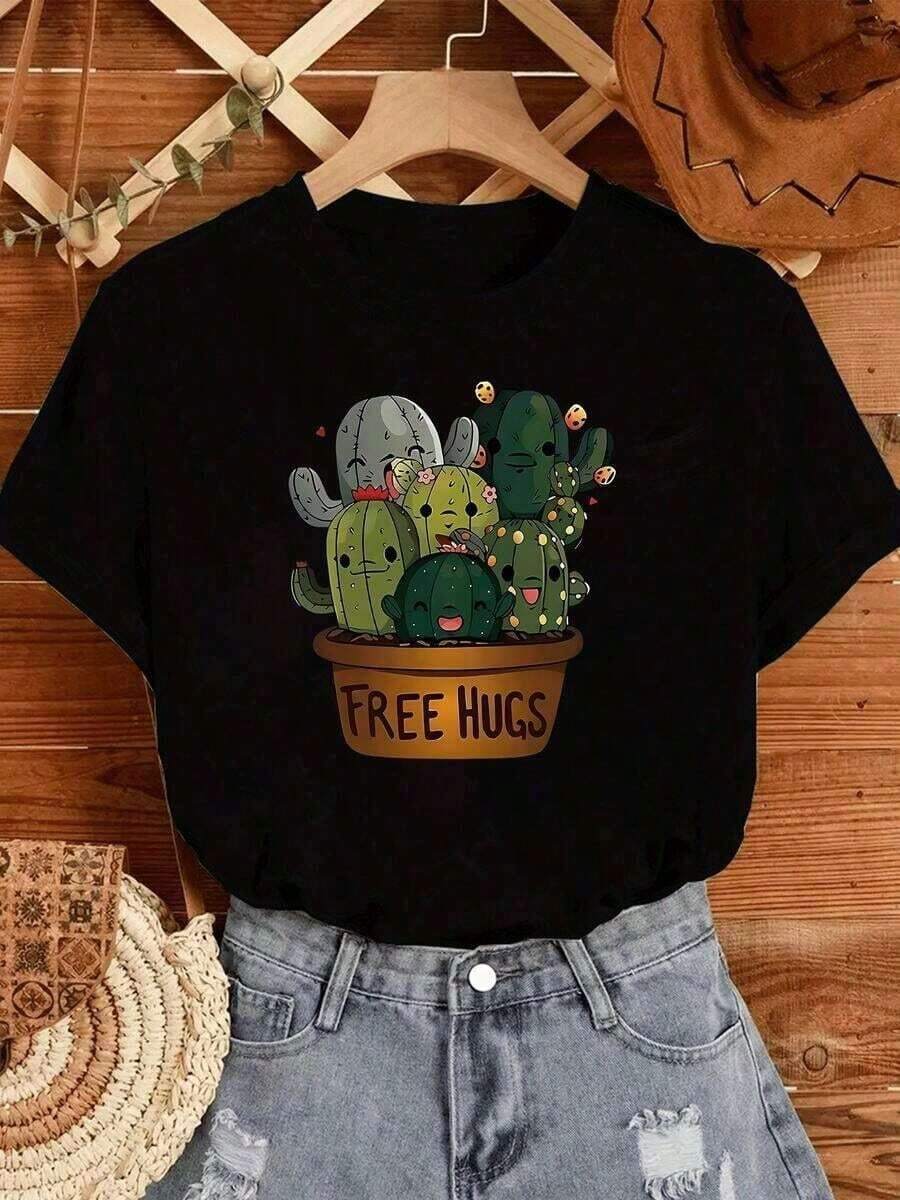 Respirable 100% Cotton Camiseta de Mujer con Estampado Divertido de Cactus Amigables en Maceta Free Hugs Diseño Casual y Cómodo para el Verano, top deportivo mujer - Negro - Ver 1