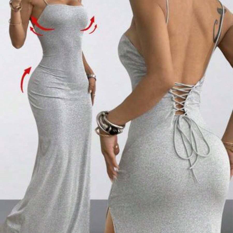 Women's Summer Streetwear Concert Date Night Vacation Outfits Y2K Woven Tape Split Long Dress - Gris - Ver 1