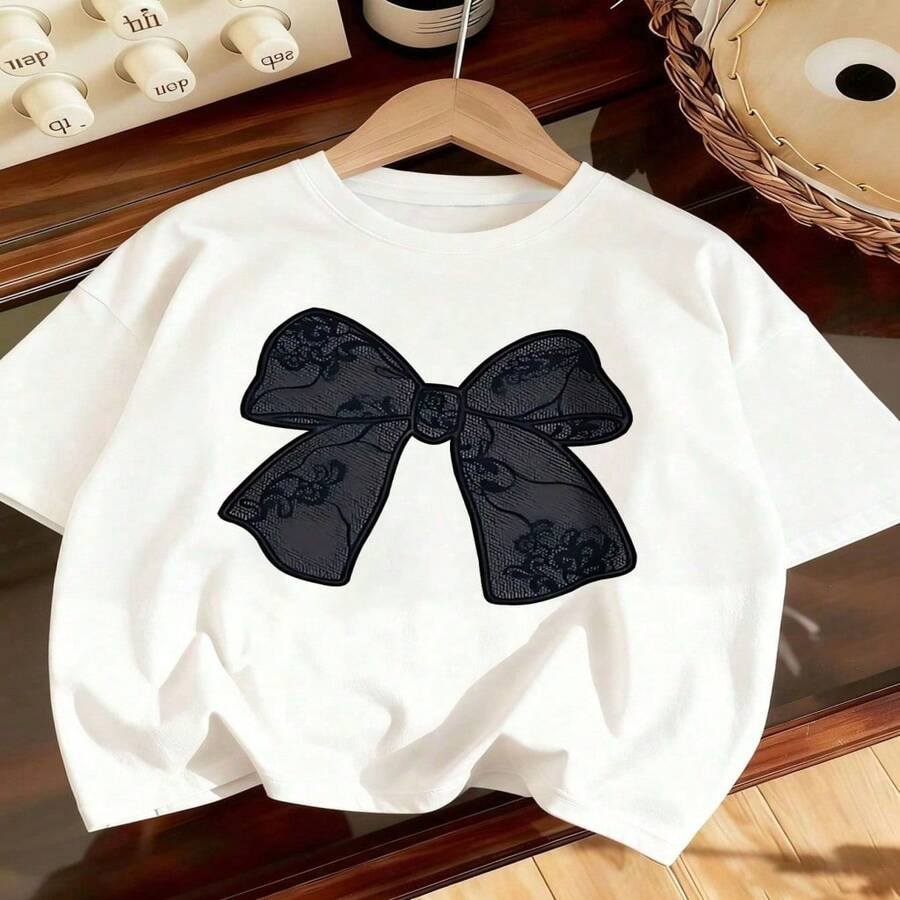 Women's White Cotton Round Neck Short Sleeve T-Shirt With Black Bow Graphic Casual And Elegant Top - 白色 - 查看 1