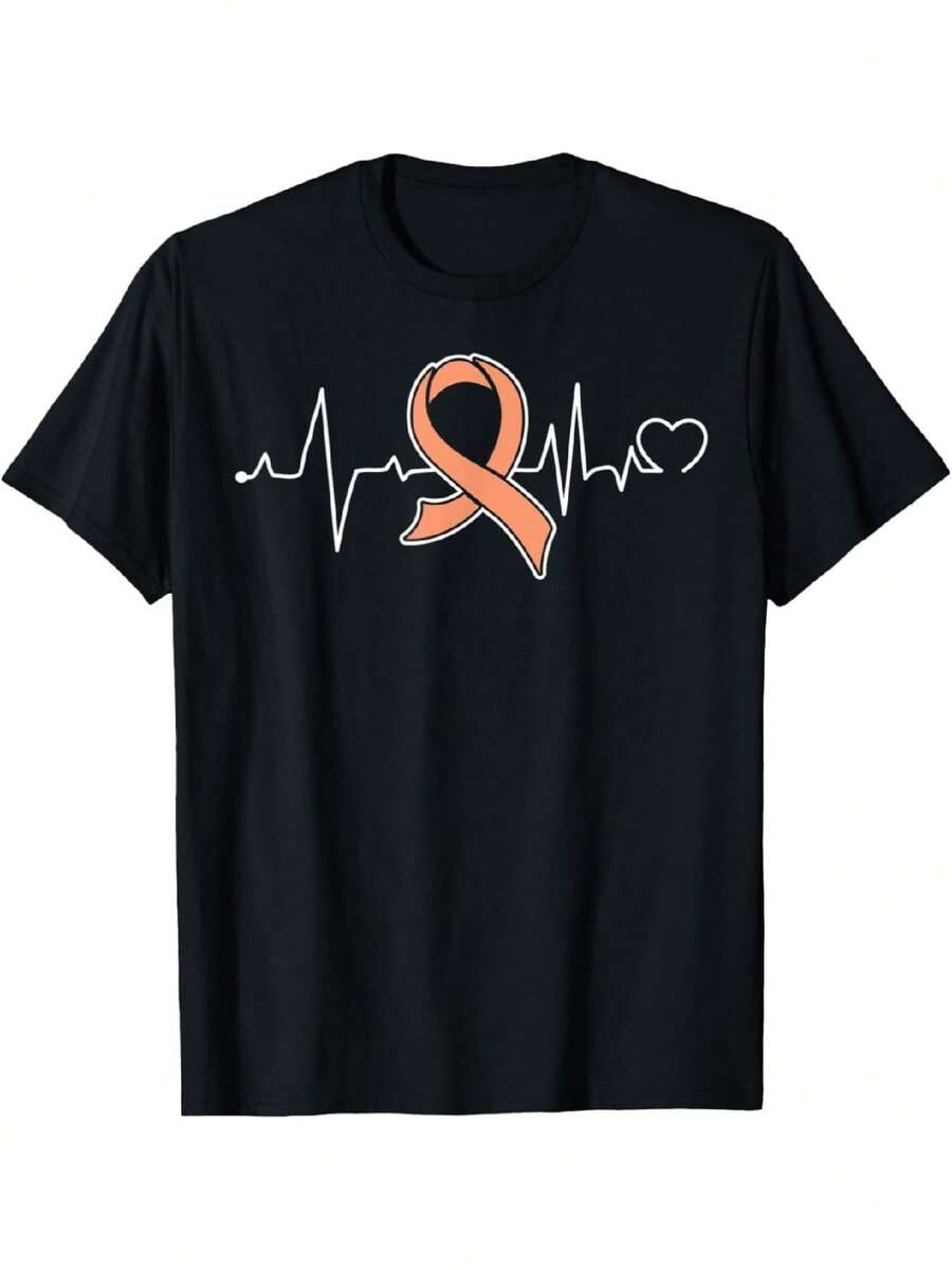 Camiseta de concienciación para el cáncer endometrial en talla S - Negra con una cinta de latido de corazón naranja y diseño de corazón, mangas cortas, cuello redondo, estilo casual, lavable a máquina, adecu para todas las estaciones, tejido ligeramente elástico