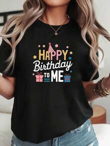 Camisetara mujer "FELIZ CUMPLEAÑOS a MÍ" - Top casual de manga corta y cuello redondo con estampado de cumpleaños, lavable a máquina, adecu para verano, primavera y atuendos de cumpleaños - Blusa de uste regular, no aplicable para variaciones de estilo - Negro - Ver 2