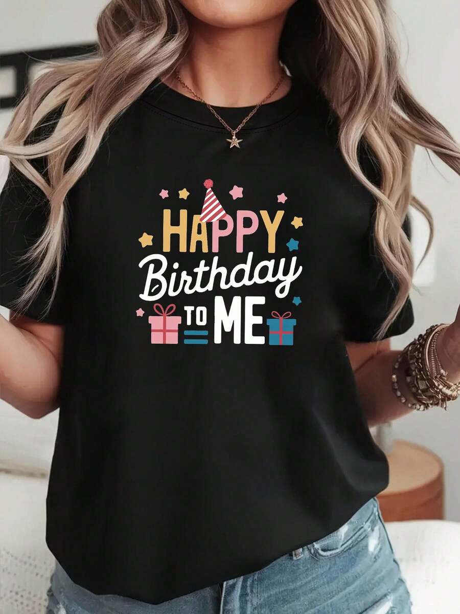 Camisetara mujer "FELIZ CUMPLEAÑOS a MÍ" - Top casual de manga corta y cuello redondo con estampado de cumpleaños, lavable a máquina, adecu para verano, primavera y atuendos de cumpleaños - Blusa de uste regular, no aplicable para variaciones de estilo