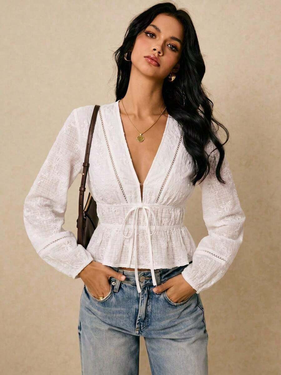 Blusa de manga larga con cuello en V profundo y lazo al frente, elegante para oficina, de unicolor - Blanco - Ver 1