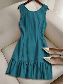 Vestido casual mini de mujer con tirantes de amarre, espalda descubierta, sin mangas, corte evasé y dobladillo con volantes - Azul 3 - Ver 7