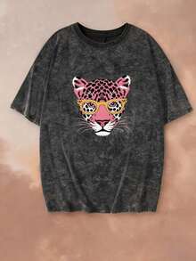 New Summer Blouse With Vintage Leopard Face Print, Round Neck, Tie-Dye, And Short Sleeves. Stylish And Versatile For Women. (Retro Style, Cool Style, Sweet Style, Unisex) - 黑色 - 查看 3
