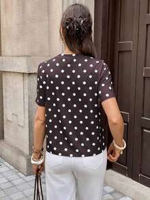 Frenchy Camiseta de mujer de manga corta, cuello redondo, ajustada y minimalista, adecuada para primavera/verano, con estampado de rayas rosa y marrón - Marrón 4 - Ver 2